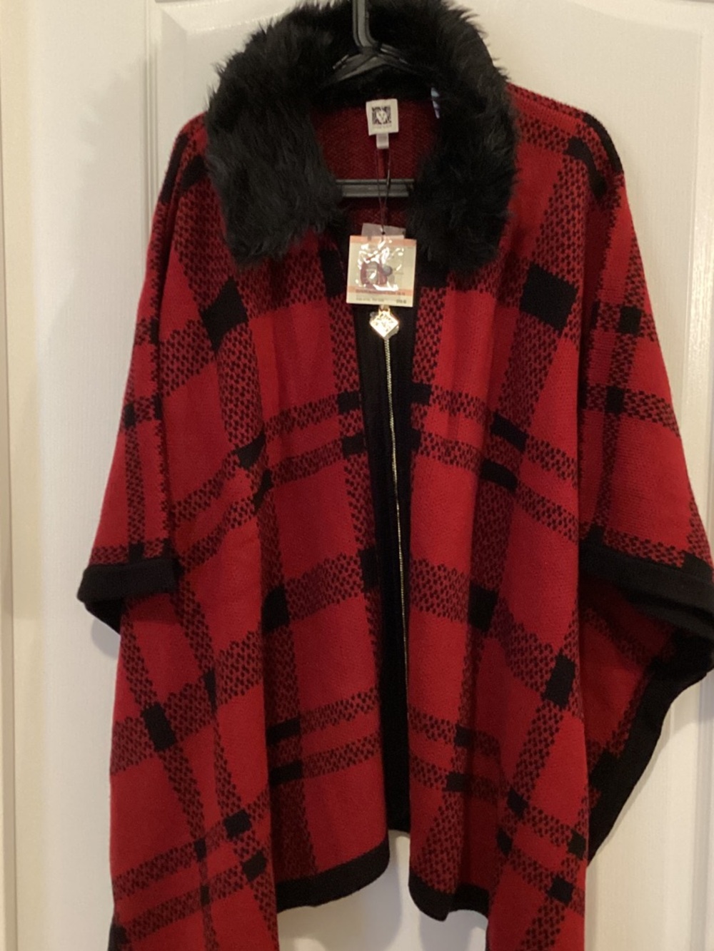 Anne Klein Red and Black Plaid Knit Cape with Faux Fur Collar